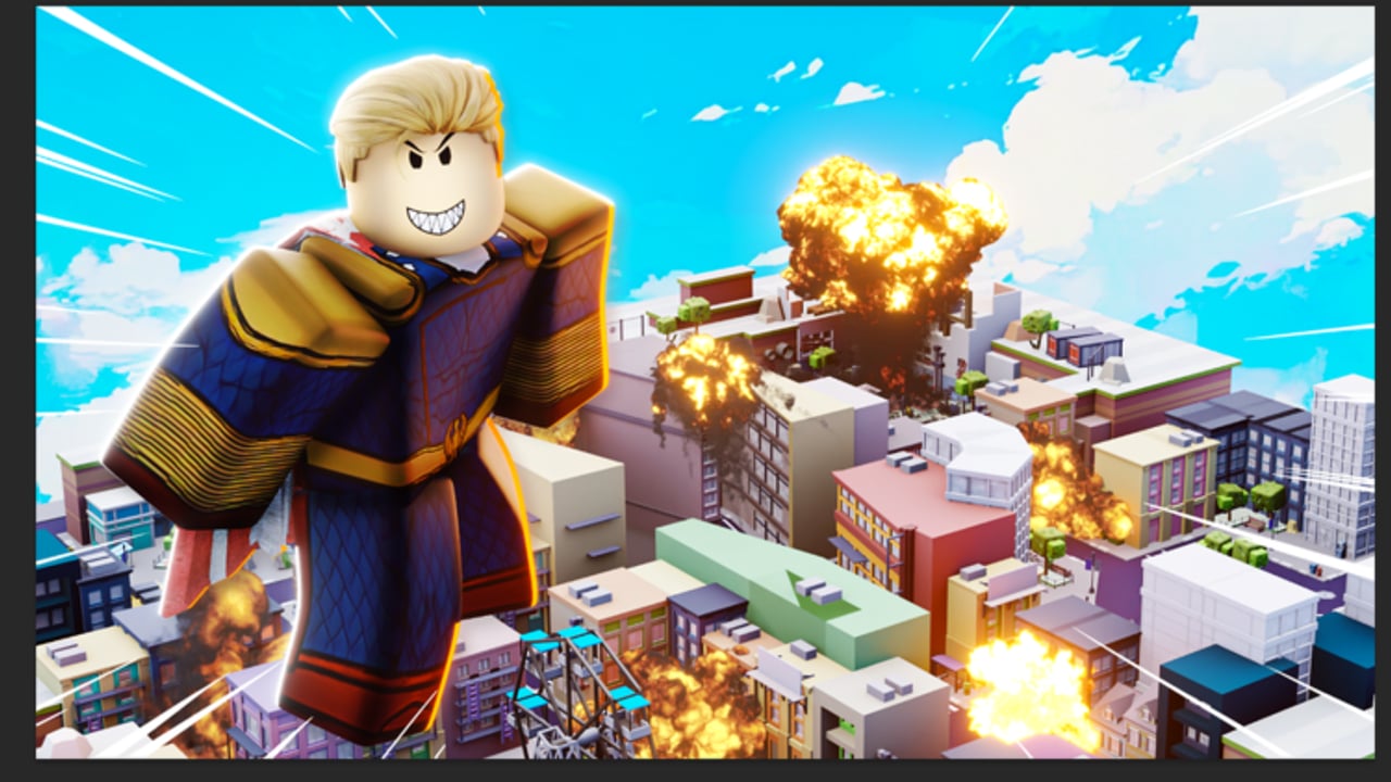 Super-vilain volant qui explose une skyline urbaine avec des lasers dans Be the Citys Villain